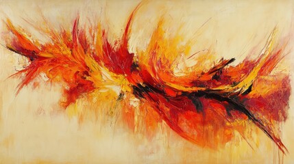 Poster - Bold abstract painting with vibrant streaks of red, orange, and yellow over a textured canvas. No text, no people.