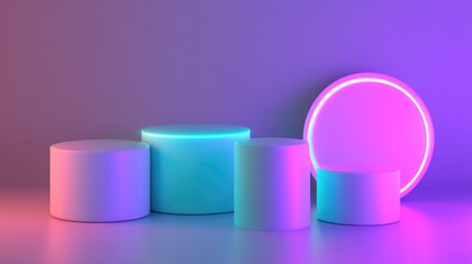 Poster - Dynamic D shapes with sharp angles and glowing neon edges in shades of teal and purple. No text, no people.