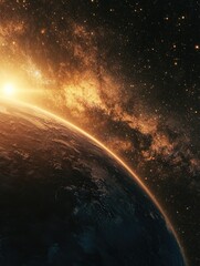 Wall Mural - a depiction of earth's sunrise as seen from the cosmos, surrounded by stars and nebulae.