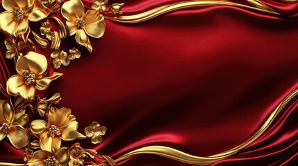 Poster - Golden floral motifs on a burgundy silk-textured background, creating an atmosphere of refined luxury. No text, no people.