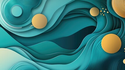 Poster - gradient geometric design with flowing waves and circular patterns in teal and aquamarine tones. no 