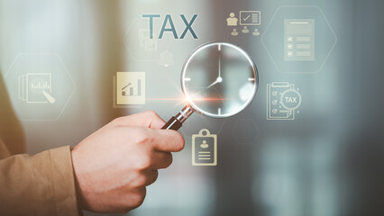 Fototapete - Business people planning annual tax deduction, tax rate calculation, and business financial budget, effective tax deduction planning ideas for individuals and companies, state taxes. Data analysis