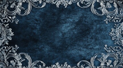 Poster - Intricate silver floral borders on a dark navy silk-textured background for a sophisticated luxury theme. No text, no people.