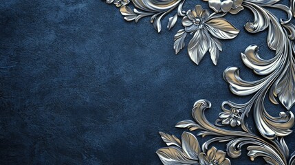 Poster - Intricate silver floral borders on a dark navy silk-textured background for a sophisticated luxury theme. No text, no people.
