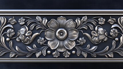Poster - Intricate silver floral borders on a dark navy silk-textured background for a sophisticated luxury theme. No text, no people.