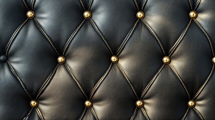 Poster - Luxury quilted background in deep black leather with golden stitching details for a modern design. No text, no people.