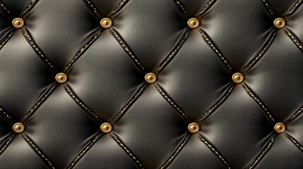 Poster - Luxury quilted background in deep black leather with golden stitching details for a modern design. No text, no people.