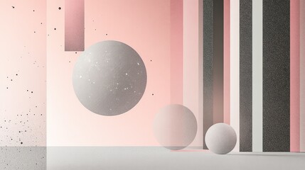 Poster - Minimalistic geometric design featuring soft curves and spheres in shades of gray and pastel pink. No text, no people.