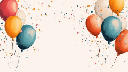 Wall Mural - Playful hand-drawn balloons and confetti in colorful hues scattered on a neutral white background. No text, no people.