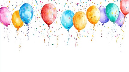 Poster - Playful hand-drawn balloons and confetti in colorful hues scattered on a neutral white background. No text, no people.