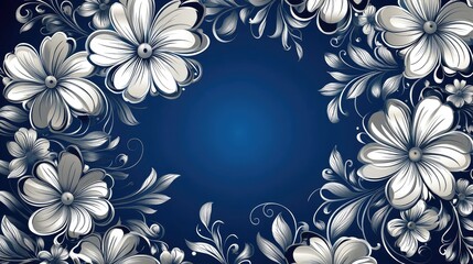 Poster - Rich floral damask designs in silver on a textured royal blue background for a premium luxury look. No text, no people.