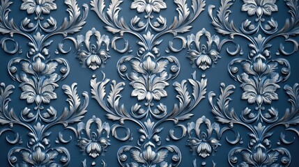 Poster - Rich floral damask designs in silver on a textured royal blue background for a premium luxury look. No text, no people.