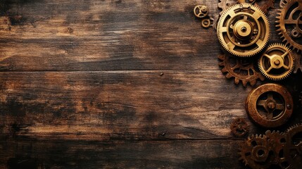 Canvas Print - Steampunk-inspired brass clock gears and mechanisms on a distressed wood background, with ample space for text or branding.