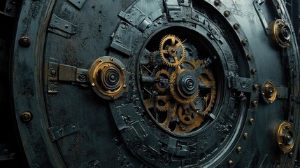 Poster - Steampunk-inspired clockwork design with interconnected brass gears and cogwheels, set on a dark backdrop, leaving space for text.