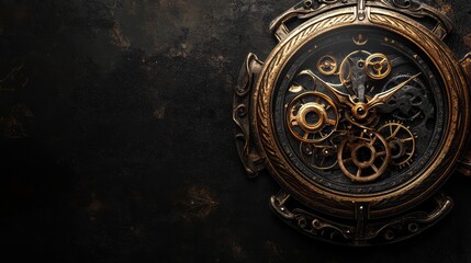 Poster - Steampunk-inspired timepiece with intricate mechanical gears on a dark background, providing ample copy space for your design.