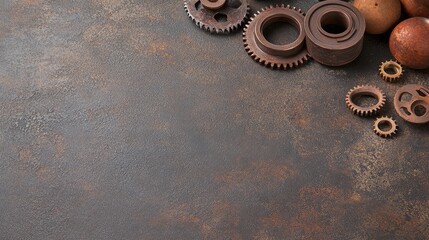Poster - Steampunk-style gears and mechanical parts scattered on a weathered surface, leaving a blank space for text or design elements.