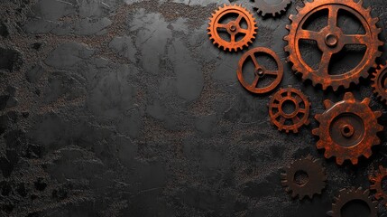 Poster - Steampunk-style metalwork with rustic gears and clock faces, placed on a dark, textured background, leaving an area for product branding.
