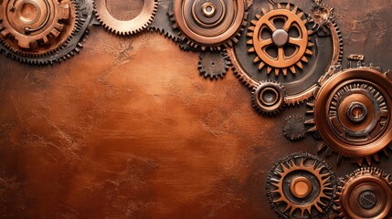 Poster - Steampunk mechanical parts with intricate rivets and gears, placed on an antique copper background with space for branding.