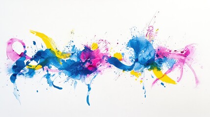 Poster - Vibrant watercolor brushstrokes blending shades of blue, pink, and yellow on a white canvas texture for an artistic background. No text, no people.