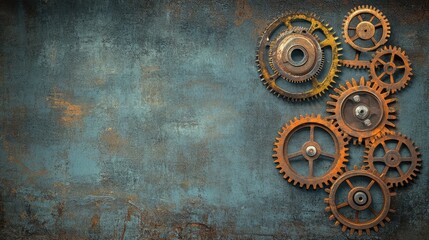Poster - Vintage steampunk gears and mechanical parts on a weathered metal backdrop, providing ample space for text or logos.