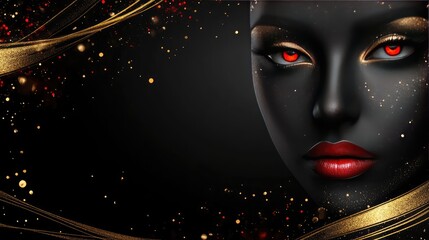 Poster - Warm gold and red bokeh light effects on a black background for a luxurious holiday design. No text, no people.
