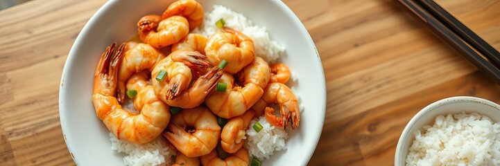 Wall Mural - Close up of delicious fried rice with seafood served in a white bowl on a wooden table, seafood, top view