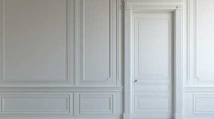 Poster - Elegant White Wall with Classic Paneling and Closed Door Design