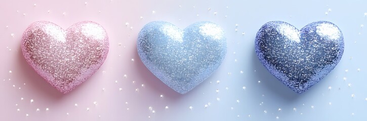 Canvas Print - Three Glittery Hearts on Pastel Background