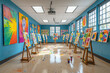 © AbdulHakim - Art classroom with colorful paintings on easels and walls.