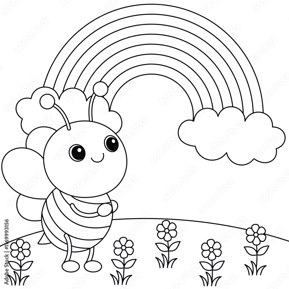 Cute kawaii cartoon character bee and rainbow coloring page for kids ...