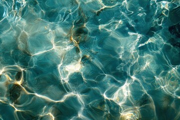 Poster - close-up view of the surface texture of blue water with reflections and natural light creating a ser