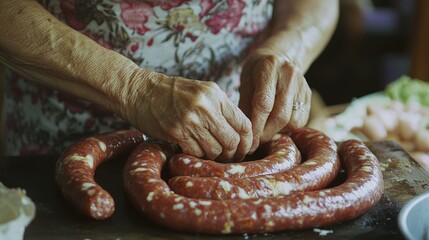 Woman is cooking sausages on a cutting board. The sausages are in a spiral shape and are being rolled up by the woman's hands