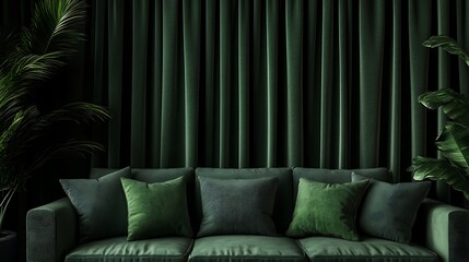 Poster - Soft vertical folds on luxurious green velvet curtains with a smooth texture, creating an elegant and timeless ambiance