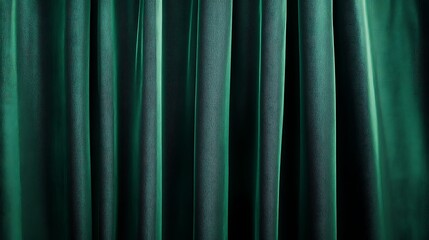 Poster - Soft vertical folds on luxurious green velvet curtains with a smooth texture, creating an elegant and timeless ambiance