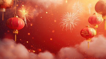 Wall Mural - A celebratory Chinese New Year design with a vibrant red backdrop, golden ornaments, floating lanterns, and dynamic fireworks lighting up the scene, enhanced by fluffy white clouds and sparkles