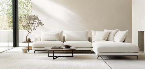 Poster - A modern, minimalist living room featuring a plush white sectional sofa, accent table, and soft area rug, illuminated by natural light.