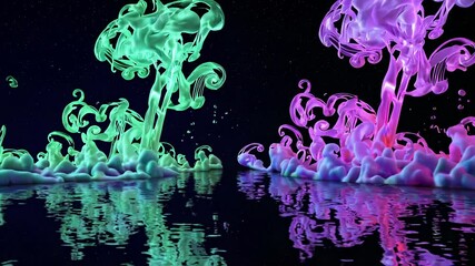 Poster - Colorful acrylic paint swirling in water with reflection, abstract art. Creativity and fluid dynamics concept