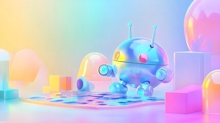 pastel robot on puzzle, 3d render - pastel colors