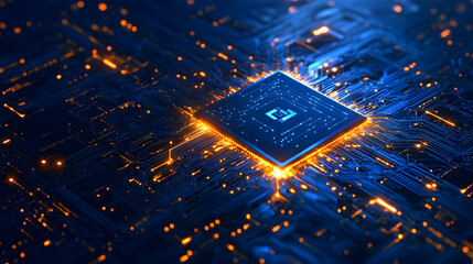 Poster - Futuristic microchip glowing with electric energy on a digital circuit board