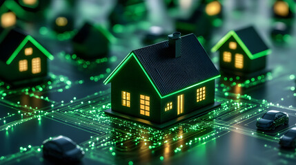 Aufkleber - A glowing model house on a digital circuit board, symbolizing smart home technology