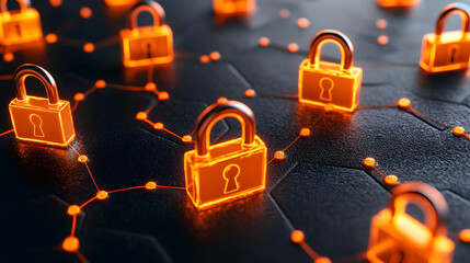Poster - Digital locks glowing in orange on a dark, interconnected network background