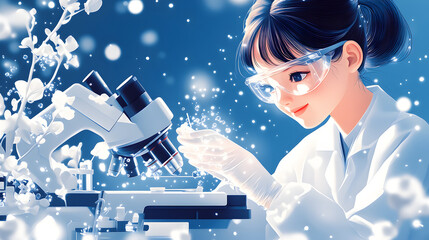 Poster - A scientist examines samples under a microscope with a magical, sparkly ambiance