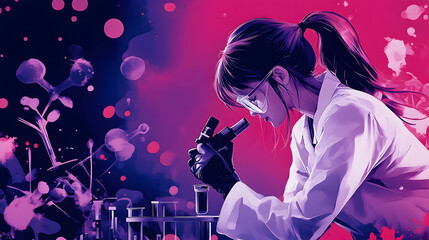 Poster - Scientist examining samples with a microscope in a vibrant lab setting