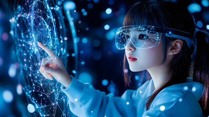 Poster - Young girl interacting with a digital interface in a futuristic, blue-lit environment