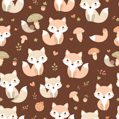  Seamless pattern of cute pastel foxes and forest elements like mushrooms, leaves, and acorns.