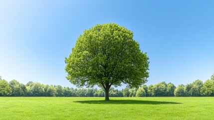 Wall Mural - Majestic oak tree in lush green meadow under clear blue sky