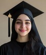 © WITTAYA  ANGMUJCHA - A warm and inviting photo of a young Arab graduate, her joyful expression highlighted by even lighting on a cream backdrop, with a softly blurred background emphasizing positivity