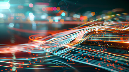 Poster - Dynamic light trails urban nightscape abstract photography vibrant colors high angle motion and energy