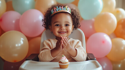 Wall Mural - A joyful toddler sitting on a high chair surrounded by pastel balloons