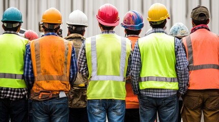 Poster - Construction workers lined up with their backs facing the viewer, each in reflective vests and different-colored hard hats, standing in unison on a bright, open site